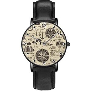Vintage Nautische Anker Wiel Kompas Persoonlijkheid Business Casual Horloges Mannen Vrouwen Quartz Analoge Horloges, Zwart
