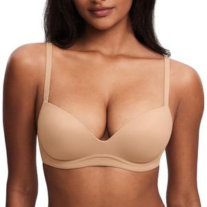 DOBREVA Vrouwen Push Up BH Plunge Draadloze Comfortabele T Shirt Gevoerde Bh's Warm Beige 75A