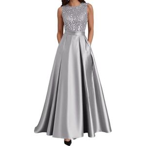 AHERKLL Satijn Moeder van de Bruid Jurken Ronde Hals Pailletten Formele Avond Feest Grootmoeder Jassen met Zakken HAH051, Zilver, 32