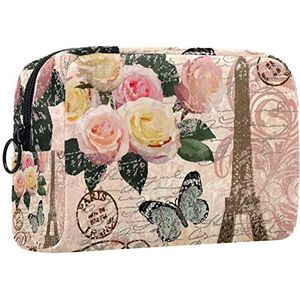 Cosmetische tas voor dames,kleine make-uptas voor portemonnee,Vintage bloem Eiffeltoren vlinder,Cosmetische reistas,make-uptasje