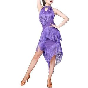 Danskostuums Latin Dance Outfit Dames Effen Fringe Kwastje Ballroom Tango Cha-Cha Jurken met Shorts Prestaties Latin Danskostuum (Color : Purple, Size : L)