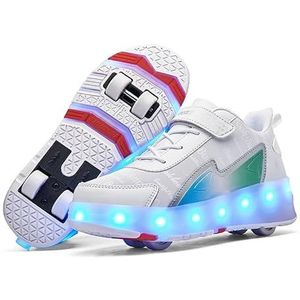 Kindersneakers met led-wielen, skateboardschoenen met 4 wielen, verstelbaar kleurveranderend licht, USB-oplaadfunctie for jongens en meisjes, maat 29-43 EU(wit,43 EU)