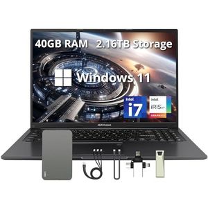 ASUS Vivobook 16"" WUXGA laptop, 40 GB RAM, 2,16 TB opslag (2 TB SSD en 160 GB docking stationset), Intel i7-1355U, Intel Iris Xe Graphics, Windows 11, 720p webcam, nummerpad, zwart