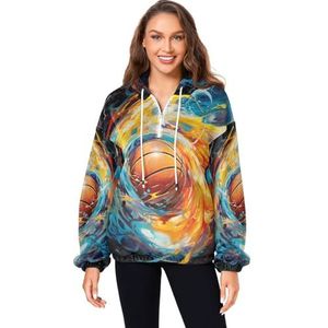 KAAVIYO Doodle aquarel basketbal pluizige jas pullover hoodie capuchon zakken donzig fleece sweatshirt ronde hals truien hoodies voor meisjes vrouwen, Patroon, M