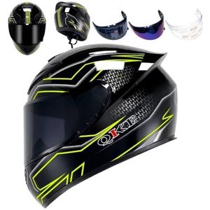 Volledige racemotorcrosshelm met helder en getint vizier, DOT-typegoedgekeurde fietshelm (XXL)(Green Line,Medium)