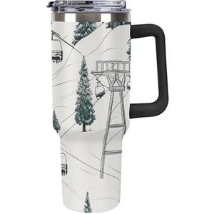FHESDCW Skilift met dennenboom, grote capaciteit autobeker 40 oz roestvrijstalen beker met handvat geïsoleerde waterfles met rietje en deksel bedrukte mokken past in de bekerhouder van de auto