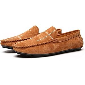 Heren Loafers Stikdetails Suède Vamp Rubberen Zool Veganistisch Leer Platte Hak Lichtgewicht Flexibele Bruiloft Slip-ons(Brown,38 EU)