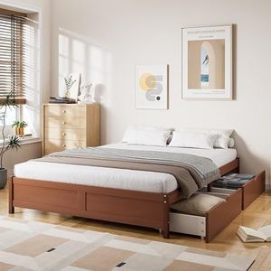YuQozii Kinderbed, platte bedden, houten bedden, vintage houtkleuren, twee laden met wieltjes, groeiend en volwassenen, frame van grenen, stabiele lattenbodem, grenen + MDF, roodbruin (140 x 200 cm)