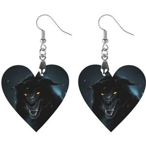 Zwarte Wolf Leuke Hartvormige Hanger Oorbellen Voor Vrouwen Lichtgewicht Houten Oorbellen Mode-sieraden Geschenken