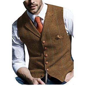 BYLUNTA Business heren tweed vest Herringbone vintage bruiloft wol plaid retro business S-3XL, bruin, XXL