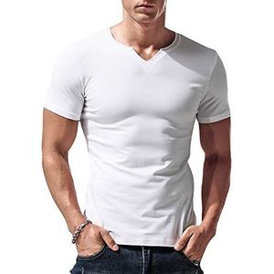 Heren Slim Fit Lange mouwen Henley T-shirt Casual V-hals onderhemden Katoen Wit L