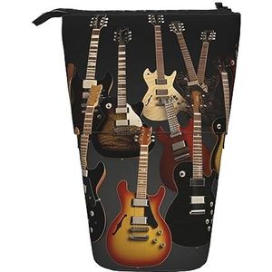 RLDOBOFE Gitaren Print Potlood Tas Stand-Up Intrekbare Potlood Doos Organizer Pen Houder Opbergtas Cosmetische Tas Voor Kantoor Kerst Vakantie Gift, Zwart, Eén maat
