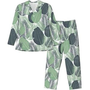 sttung Groene tropische bladeren print heren pyjama met lange mouwen, zachte ademende nachtkleding, knopen aan de voorkant en broek met elastische taille, Zwart, S