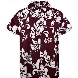 King Kameha Funky Hawaïhemd voor heren, korte mouwen, voorzak, party, palmbladeren, hibiscus print, Hibiscus-kastanjerood, L
