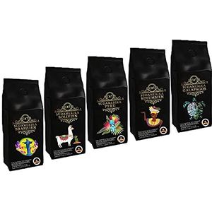 Landenkoffie proeverij pakket ""Zuid-Amerika"" 5 x 500 g kop koffie uit Brazilië, Bolivia, Peru, Colombia, Galapagos 2500 gram gemalen