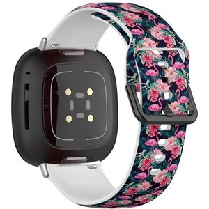 Zachte sportband compatibel met Fitbit Sense / Sense 2 / Versa 4 / Versa 3 (roze flamingo's tropische bloemen palm) siliconen armband accessoire
