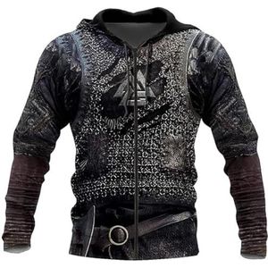 Heren Viking Armor Totem Hoodie, Middeleeuws Walhalla Noordse Keltische Wolf 3D Rune Tattoo Print Rits Jas, Heidense Lente en Herfst Buitensport Jas(Viking A,XXL)