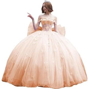 Fuomomo Quinceanera-jurk met dunne bandjes en vlinderglitter, Quinceanera-jurk met vlinders en grote strik, baljurk van kant met parels MT053, perzik, 44