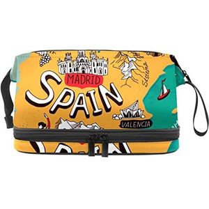 Grote capaciteit reizen cosmetische tas,Spanje Kaart,Make-up tas,Waterdichte make-up tas Organizer, Meerkleurig, 27x15x14 cm/10.6x5.9x5.5 in