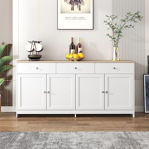 Idemon Sideboard met witte houtnerf, vier deuren, met drie laden, woonkamer, eetkamer. Houtkleur en wit (160X37X75CM)