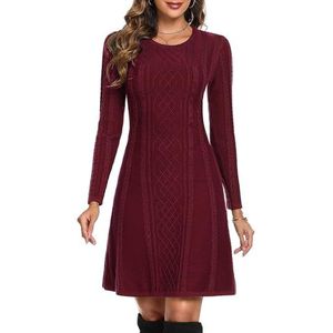 Aottori Trui-jurk voor dames, gebreide jurk, lange mouwen, elegant, casual, ronde hals, enkele rij, jersey-jurk voor herfst en winter, Rode wijn, XL