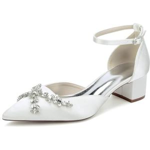 EICOFF Vrouwen Middellage Hak Enkelband Trouwschoenen Dames Blokhak Gesloten Teen Pumps Satijn Puntige Strass Bruiloft Bruid Jurk Schoenen,ivoor,35 EU