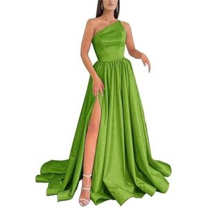 HPPEE Satijnen baljurken met één schouder en split zonder mouwen, lange baljurk korset, formele feestjurk, Olijfgroen, 32