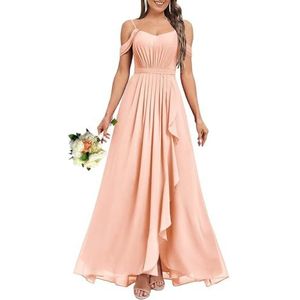 HPPEE Dames V-hals koude schouder bruidsmeisjes jurken met split ruches chiffon formele avondjurk, Blush Roze, 32