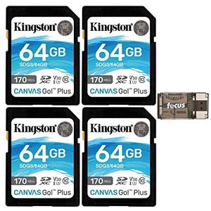 Kingston 64GB SDXC Canvas Go Plus 170MB/s Read Memory Card (SDG3/64GB, 4-Pack) with Focus High Speed USB Card Reader Bundle (5 Items)