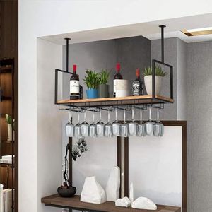 Plafond hangende wijnglashouder - plafondplank, wandmontage metalen massief houten wijnrek / opbergrek, hangend multifunctioneel displayrek, bar/eetkamer/keuken wijnglasrek (kleur: zwart, Si