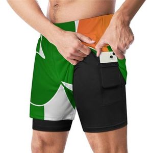 Klaver Icoon op Ierland Vlag Grappige Zwembroek met Compressie Liner & Pocket Voor Mannen Board Zwemmen Sport Shorts