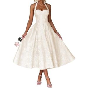 AHERKLL Spaghetti Bandjes Bruidsmeisjes Jurken Jacquard Satijn Halter Formele Avond Feest Maxi Jurk HAH046, Ivoor, 32