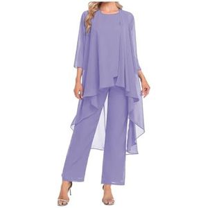 Mother of The Bride broekpak met jas, 3-delig, chiffon sets, ruches lagen, bruiloft, gast, outfit, Lavendel, 46