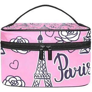 Parijs Eiffeltoren bloemenpatroon make-up tas voor vrouwen meisjes cosmetische tassen met handvat reizen make-up organizer tas, Parijs Eiffeltoren Patroon Roze, 8.9x5.9x5.4 Inches, Make-up zakje