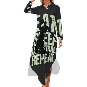 Eat Sleep Basketball Repeat Maxi-jurk voor dames, lange mouwen, knoopsluiting, casual party, lange jurken, XL