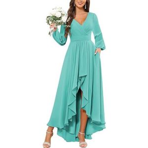 KURFACE Bruidsmeisjesjurken met lange mouwen voor vrouwen met zakken geplooide chiffon formele avondjurk feestjurk, Turkoois, 56 NL/Plus