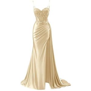 KURFACE Satijnen galajurken voor dames met split kant applicatie spaghettibandjes beroemdheden optocht jurk formele jurk, Champagne, 32