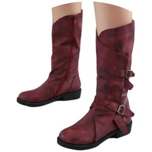 Hoge Dameslaarzen Met Dubbele Gespen PU-leer Laarzen Met Lange Schacht Retro Ridderlaarzen Met Zijrits Herfst Winter Snowboots Vrijetijds Westerse Cowboylaarzen(Red,42 EU)