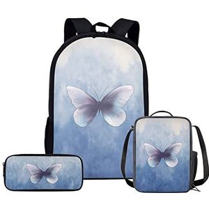 HUIACONG Schooltas Sets voor meisjes met lunchboxen etui Set van 3, Vlinder Wit Blauw