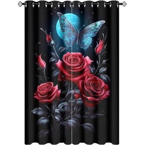 AEMYSKA Mooie rozen thermisch geïsoleerde kamer verduistering slaapkamer gordijnen blauwe vlinder rode bloem print doorvoertule venster gordijn panelen/gordijnen 42x63 inch