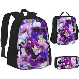 TRESILA Rugzak voor kinderen, jongens, meisjes, duurzame polyester schooltas, rugzak, boekentas met lunchtas en etui (3-in-1 rugzakset) /Horror Pumpkin Cemetery, Paarse Bloem, Eén maat, Schooltas Set