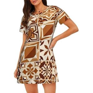 Zelinge Korte Mouw Nachtjapon Nachtshirt Slaap Jurk Dames Nachtkleding S-3XL, Patroon bruine tegels, S