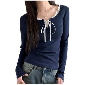 Dames Y2K Coquette Shirts Esthetische Lange Mouw Vlinderdas Front Lace Trim Tops Vintage Geribbelde Gebreide Grunge Kleding