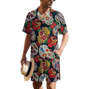 Dead Day of Sugar Skulls And Roses Hawaïaans pak voor heren, set van 2 stuks, strandoutfit, shirt en korte broek, bijpassende set