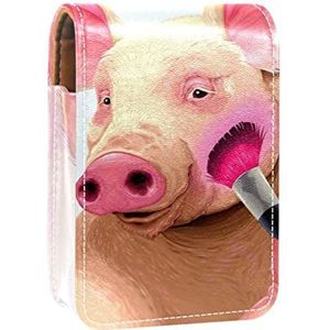 Little Pig Blush Her Cheek Draagbare Lipstick Case voor op reis, Mini Lipstick Opbergdoos met spiegel voor vrouwen dames, Lederen cosmetische etui, Meerkleurig, 9.5x2x7 cm/3.7x0.8x2.7 in