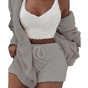 Yuehuamech 3 stuks dames pyjama's hoodies fleece sexy loungewear outfit gebreide cardigan vesten shorts set nachtkleding pyjama jongens nachtkleding voor binnen buiten