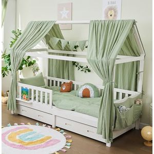 Alavya Home® Decoratieset voor bed, 3-delig, 2 stuks bedhemel, 1 stuk vlaggetjesslinger van 300 cm lang, voor kinderbed, kinderkamer, 100% biologisch mousseline-katoen, GOTS-gecertificeerd, 125 x 350