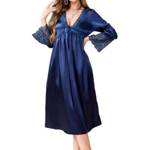 LoprNsdgt Dames Diepe V-Hals Kanten Patchwork Lange Mouwen Geplooide Casual Vintage Satijnen Pyjamajurk,Blauw,L