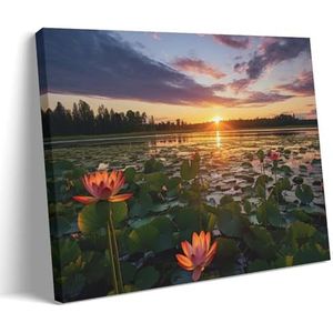 DEBAOKA Kleurrijke lotusbloem canvas muurkunst prints bloem vijver zonsondergang landschap schilderij kunst poster ingelijst kunstwerk voor thuis slaapkamer woonkamer kantoor muur decor