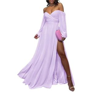 Chiffon bruidsmeisjesjurk voor dames, met splitplooien, baljurken, cocktailjurken, grote maten, Lila, 32